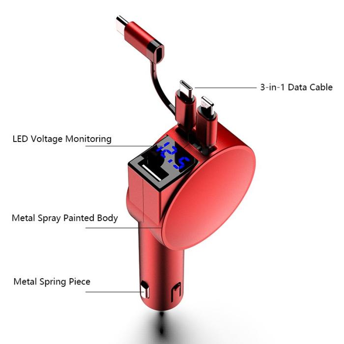 OEM - 3-i-1 Utdragbar Billaddare 12-24V Snabbladdning Tändaradapter - Röd