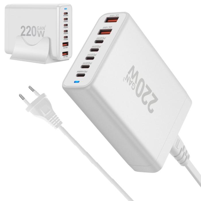OEM - 5 Type-C + 2 USB 220W Snabbladdare Bärbar GaN - Vit EU Kontakt