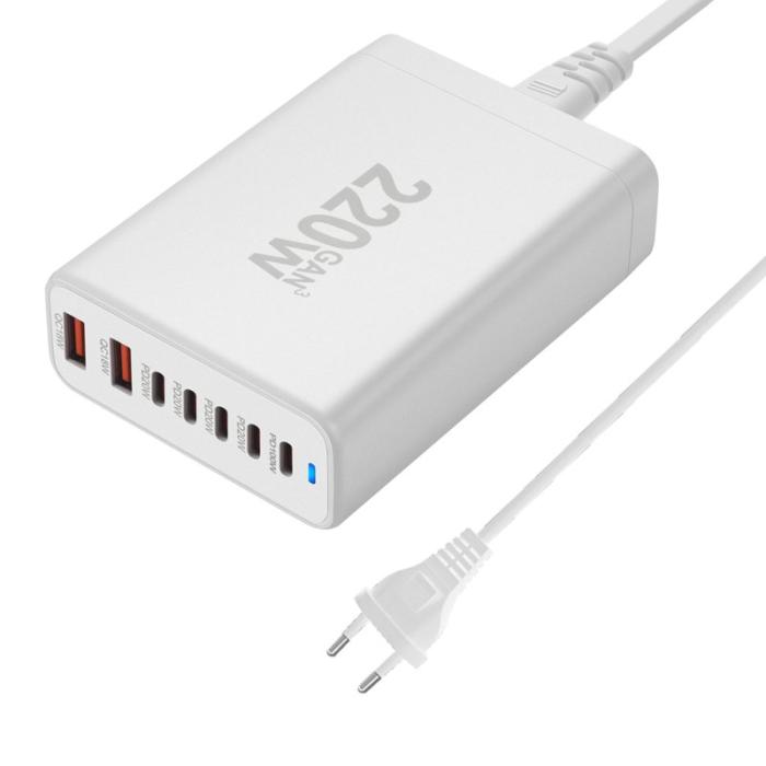 OEM - 5 Type-C + 2 USB 220W Snabbladdare Bärbar GaN - Vit EU Kontakt