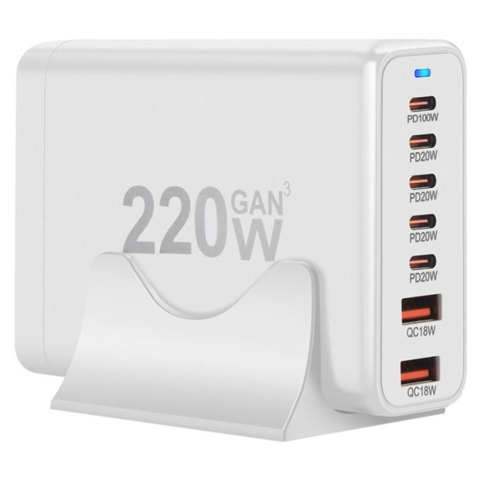 OEM - 5 Type-C + 2 USB 220W Snabbladdare Bärbar GaN - Vit EU Kontakt