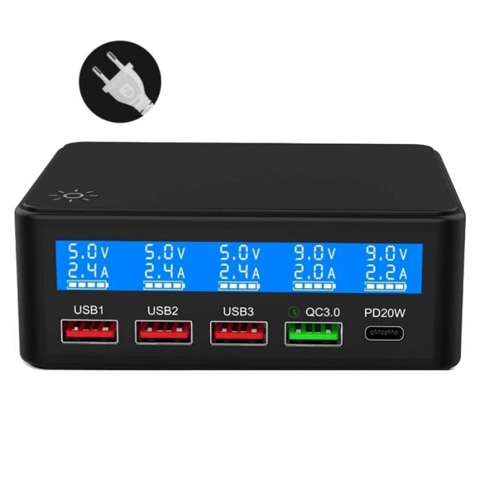 OEM - 68W Max PD QC Snabbladdare 5-Port Smart Laddstation med LCD - EU Kontakt