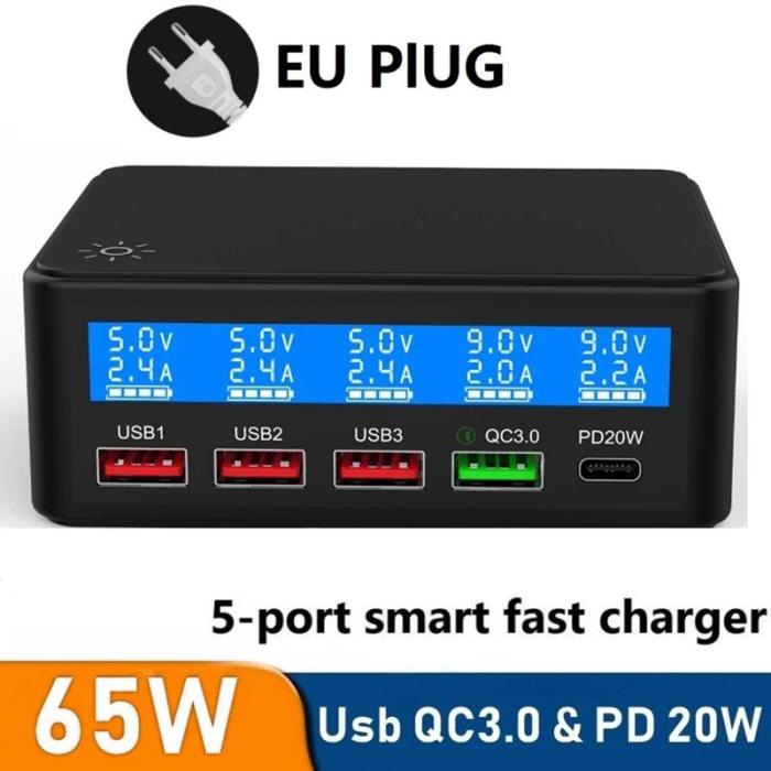 OEM - 68W Max PD QC Snabbladdare 5-Port Smart Laddstation med LCD - EU Kontakt