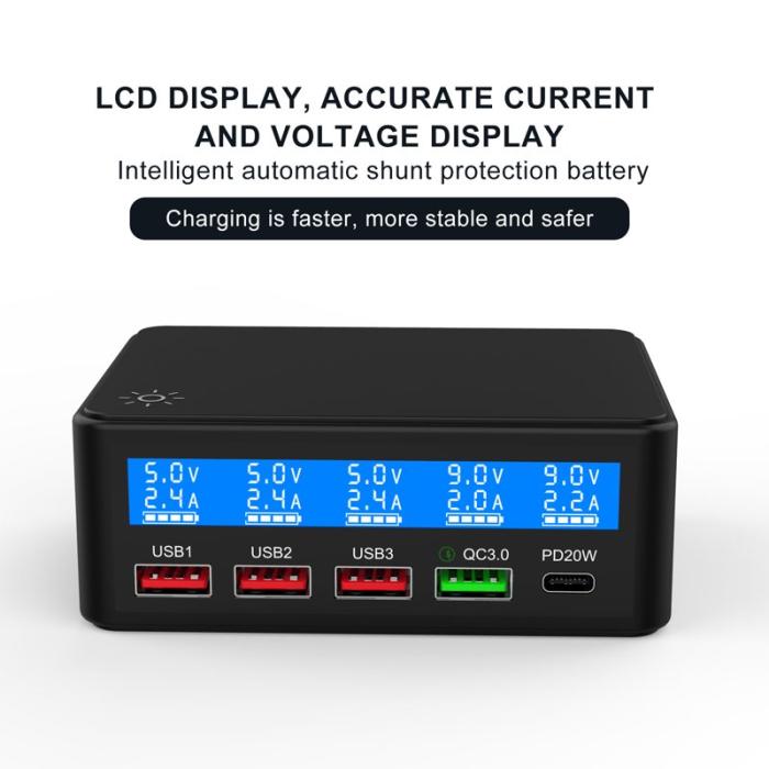 OEM - 68W Max PD QC Snabbladdare 5-Port Smart Laddstation med LCD - EU Kontakt