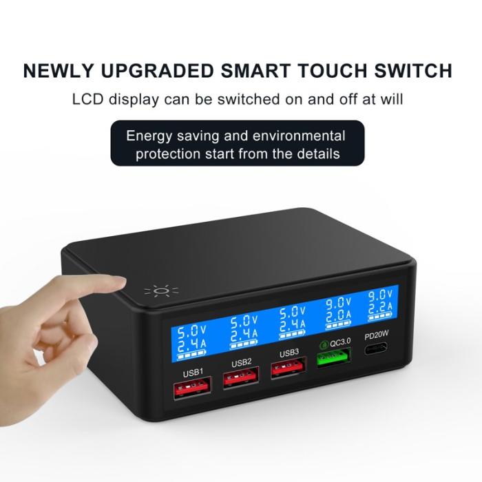 OEM - 68W Max PD QC Snabbladdare 5-Port Smart Laddstation med LCD - EU Kontakt