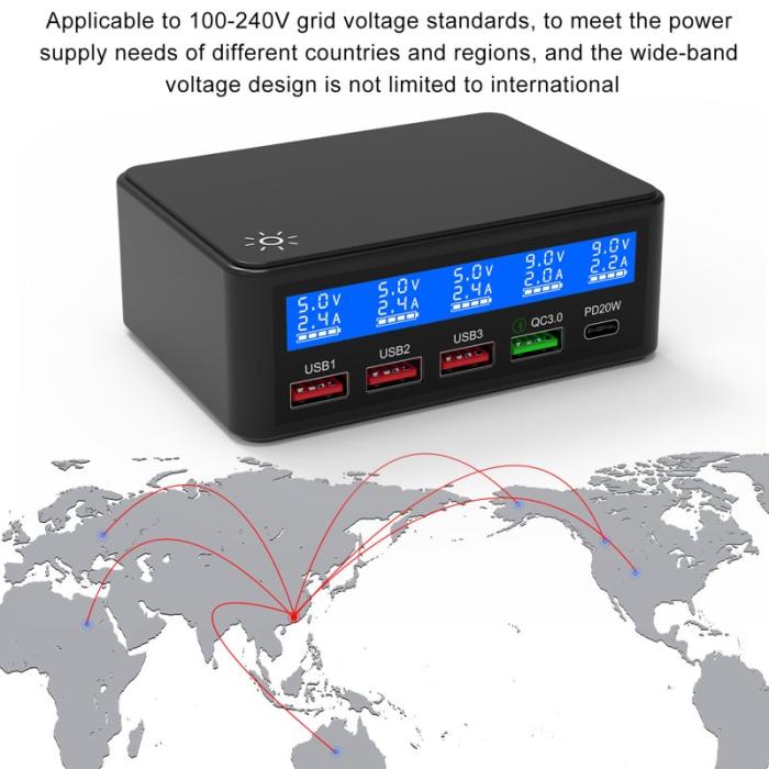 OEM - 68W Max PD QC Snabbladdare 5-Port Smart Laddstation med LCD - EU Kontakt