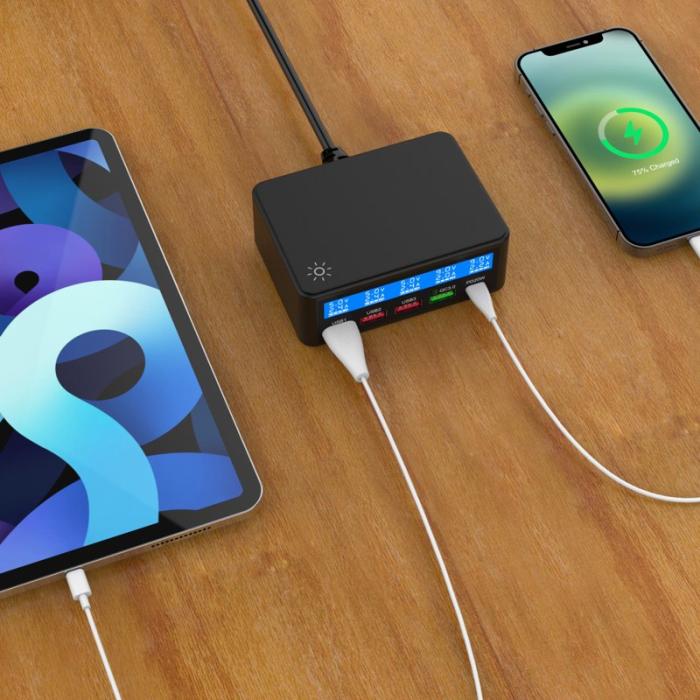 OEM - 68W Max PD QC Snabbladdare 5-Port Smart Laddstation med LCD - EU Kontakt