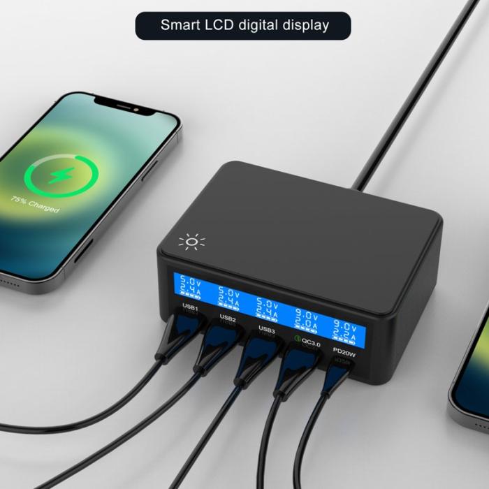 OEM - 68W Max PD QC Snabbladdare 5-Port Smart Laddstation med LCD - EU Kontakt