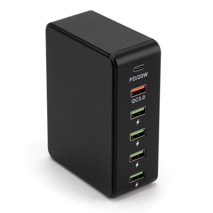 OEM - QC3.0 PD 20W Snabbladdningsstation 5 USB + 1 Type-C - Svart