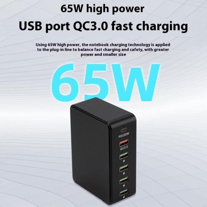 OEM - QC3.0 PD 20W Snabbladdningsstation 5 USB + 1 Type-C - Svart