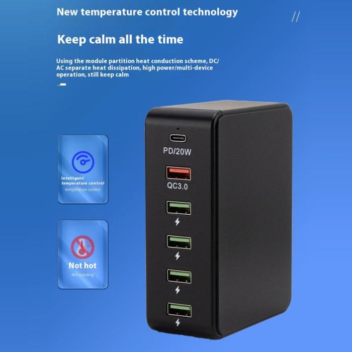 OEM - QC3.0 PD 20W Snabbladdningsstation 5 USB + 1 Type-C - Svart