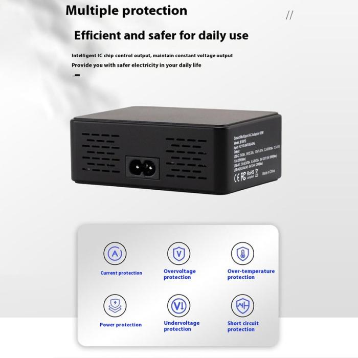 OEM - QC3.0 PD 20W Snabbladdningsstation 5 USB + 1 Type-C - Svart
