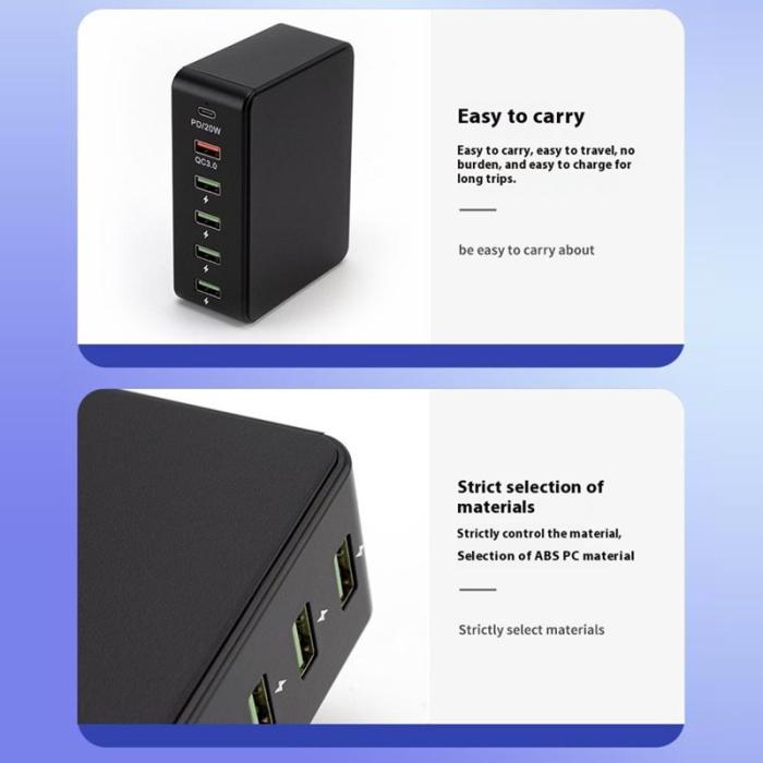 OEM - QC3.0 PD 20W Snabbladdningsstation 5 USB + 1 Type-C - Svart