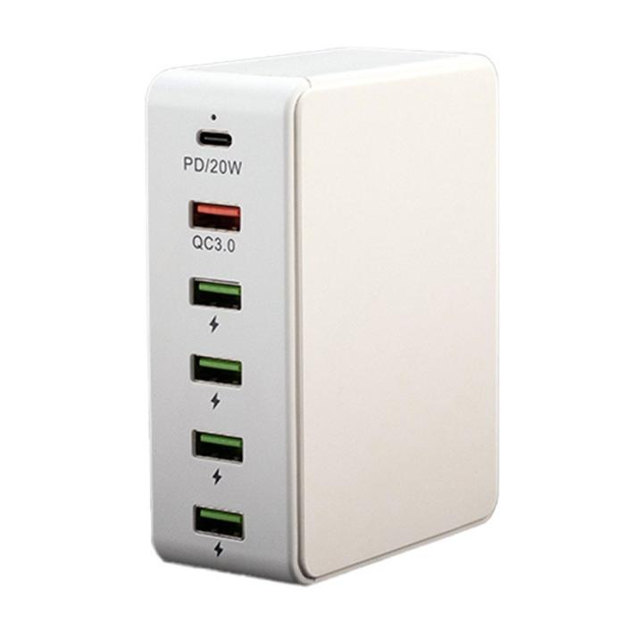 OEM - QC3.0 PD 20W Snabbladdningsstation 5 USB + 1 Type-C - Vit