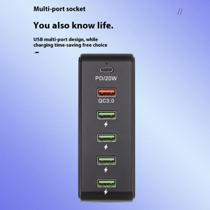 OEM - QC3.0 PD 20W Snabbladdningsstation 5 USB + 1 Type-C - Vit