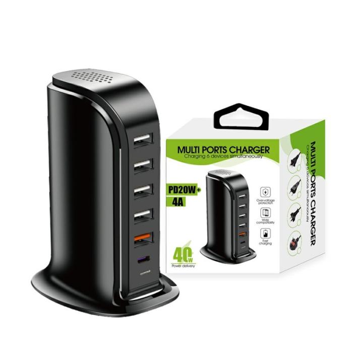 OEM - 40W Multi-Port Laddare Typ-C + 5 USB-A Snabbladdningsstation - Svart