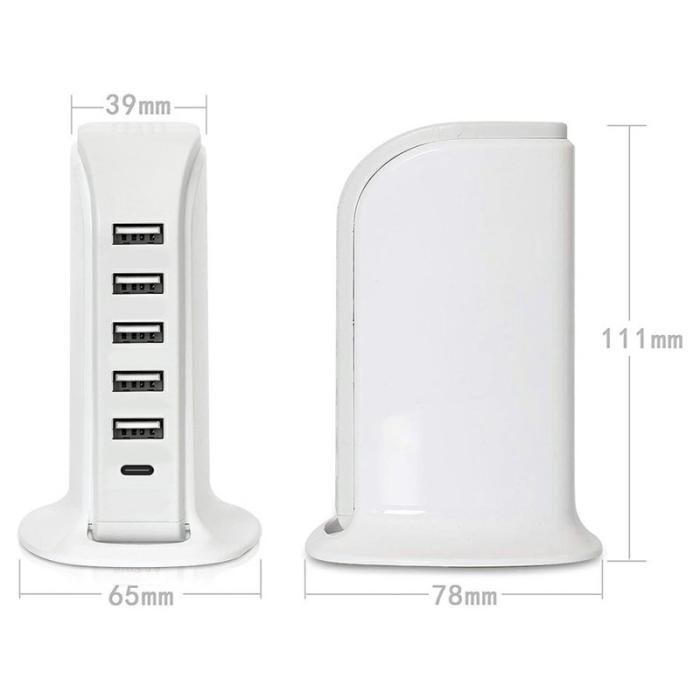 OEM - 40W Multi-Port Laddare Typ-C + 5 USB-A Snabbladdningsstation - Vit