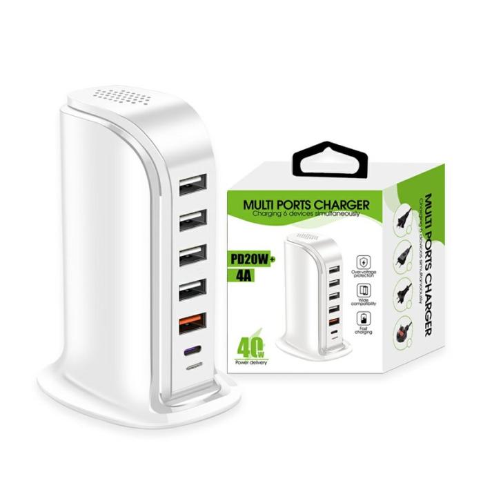 OEM - 40W Multi-Port Laddare Typ-C + 5 USB-A Snabbladdningsstation - Vit