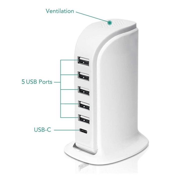OEM - 40W Multi-Port Laddare Type-C + 5 USB-A Snabbladdningsstation - Vit