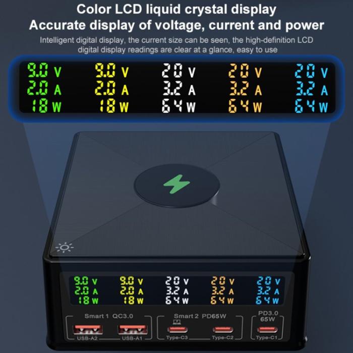 OEM - 6-i-1 160W Telefonladdare PD+QC3.0 Multifunktionell 15W Trådlös Laddare