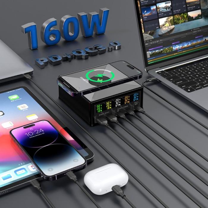 OEM - 6-i-1 160W Telefonladdare PD+QC3.0 Multifunktionell 15W Trådlös Laddare