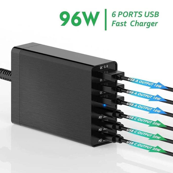 OEM - 96W 6-Port USB-laddningsstation med 3 Type-C och 3 USB-A portar - EU-plugg