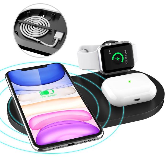 OEM - 3-i-1 Trådlös Laddare för iPhone/iWatch/AirPods - Svart