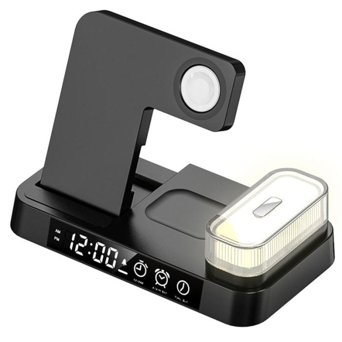 OEM - 3-i-1 Telefon Klocka Hörlurar 15W Trådlös Laddare RGB LED Nattlampa - Svart