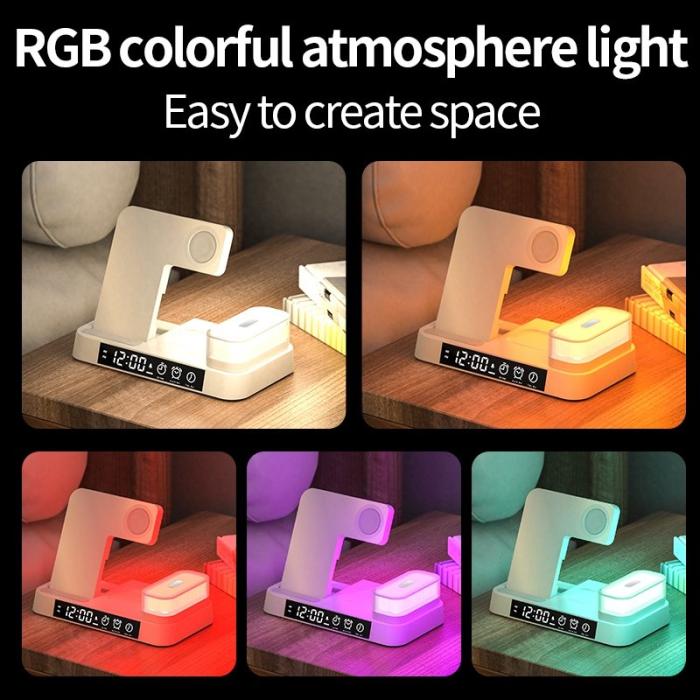 OEM - 3-i-1 Telefon Klocka Hörlurar 15W Trådlös Laddare RGB LED Nattlampa - Svart