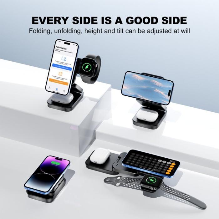 OEM - 3-i-1 15W Snabbladdare Magnetisk Trådlös Laddare Fällbar - Svart