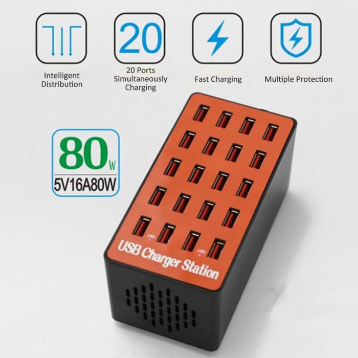 OEM - A5 80W 20 USB-porters skrivbordsladdare PC+ABS snabb laddningsstation