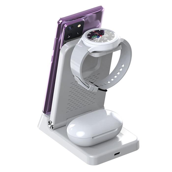 OEM - 4-i-1 15W Trådlös Laddare Fällbar Mobilställ med Klocka - Vit