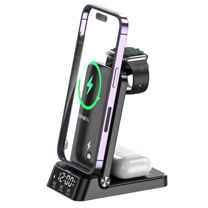 OEM - 4-i-1 15W Trådlös Laddare Fällbar Mobilställning Svart