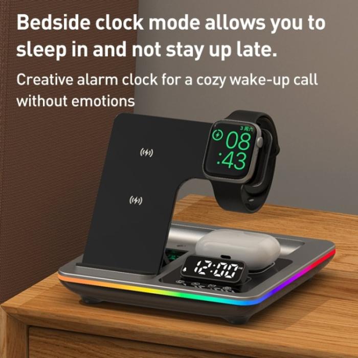 OEM - 15W 5-i-1 Fällbar Trådlös Laddare för Mobil med Klocka - Silver