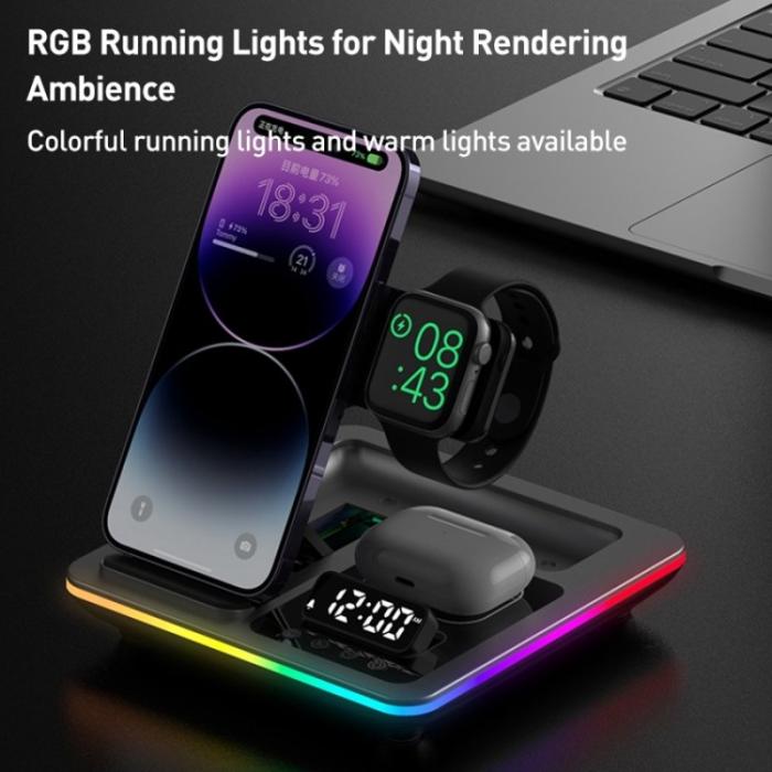 OEM - 15W 5-i-1 Fällbar Trådlös Laddare för Mobil med Klocka - Svart