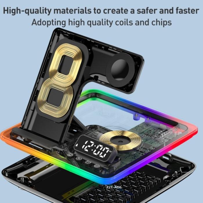 OEM - 15W 5-i-1 Fällbar Trådlös Laddare för Mobil med Klocka - Svart