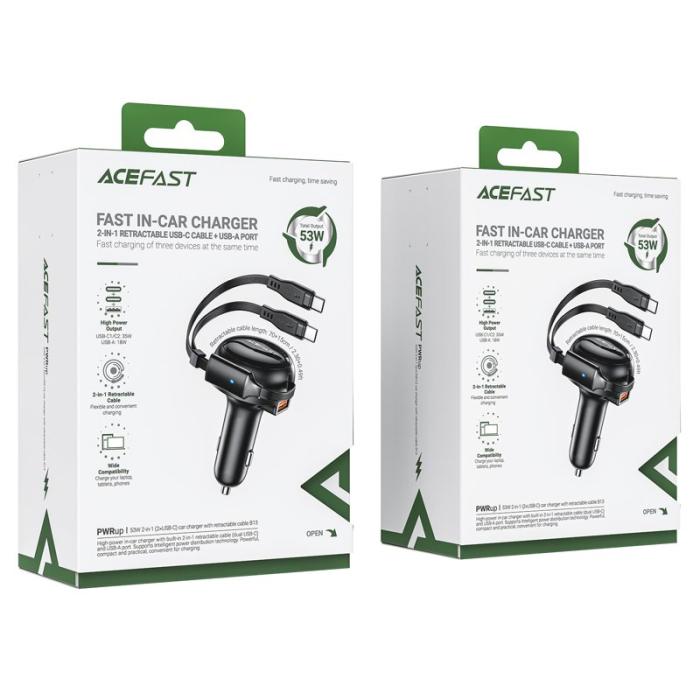 OEM - ACEFAST B13 53W USB-biladapter med 2 utdragbara Type-C-laddkablar