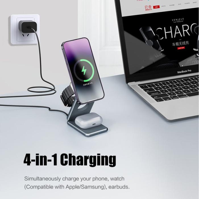 OEM - AK09 3-i-1 15W Magnetisk Trådlös Laddare Aluminium Fällbar Ställning Silver