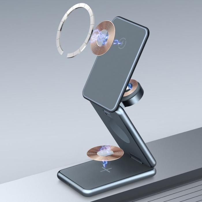 OEM - AK09 3-i-1 15W Magnetisk Trådlös Laddare Aluminium Fällbar Ställning Silver