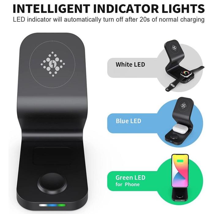 OEM - 15W 3-i-1 Qi Magnetisk Trådlös Laddare för iPhone 12 - Svart