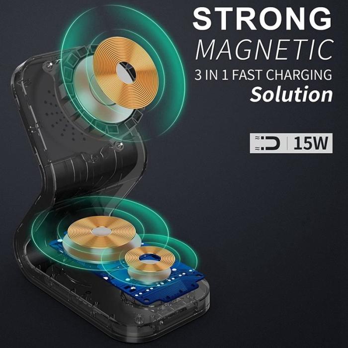 OEM - 15W 3-i-1 Qi Magnetisk Trådlös Laddare för iPhone 12 - Svart
