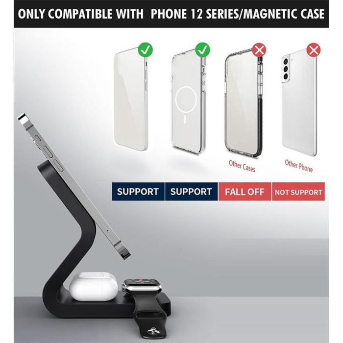 OEM - 15W 3-i-1 Qi Magnetisk Trådlös Laddare för iPhone 12 - Svart