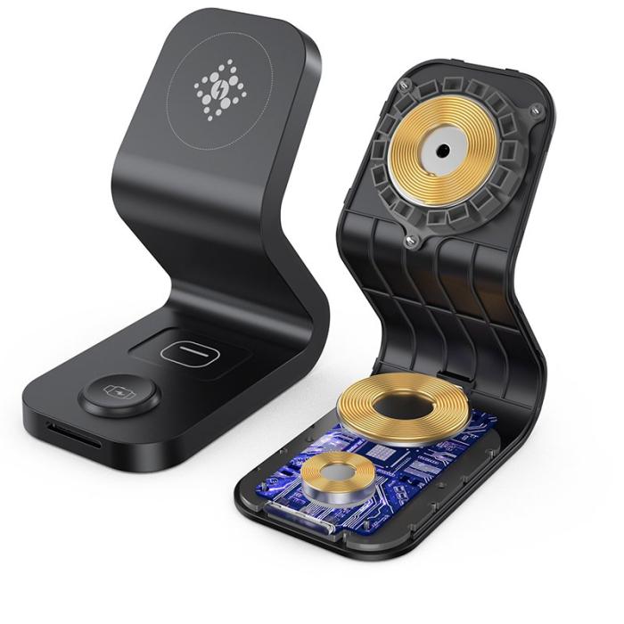 OEM - 15W 3-i-1 Qi Magnetisk Trådlös Laddare för iPhone 12 - Svart