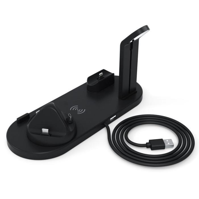 OEM - B-07A 6-i-1 Trådlös Laddare 10W med Ställ för Qi-enheter - Svart
