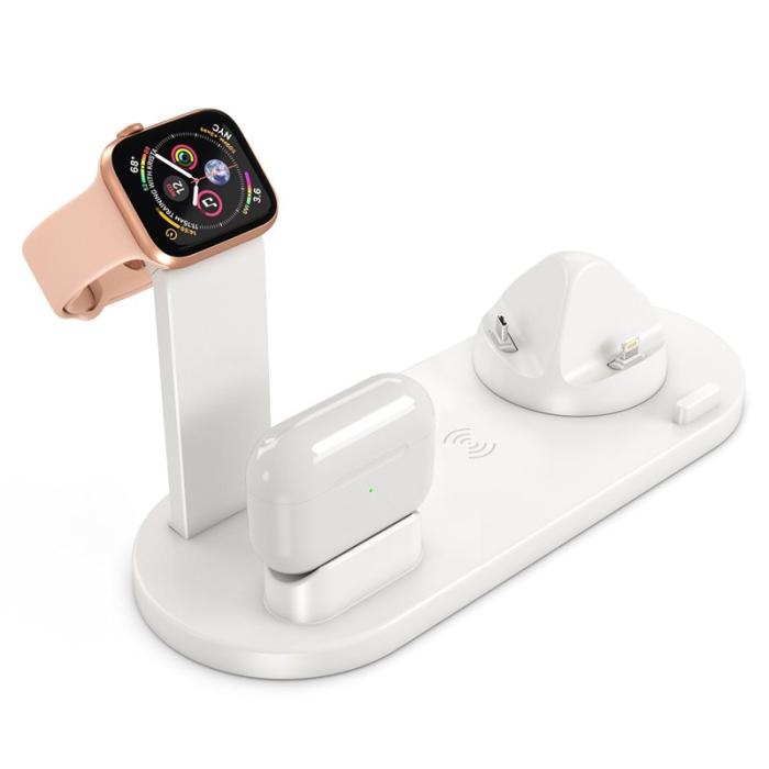 OEM - B-07A 6-i-1 Trådlös Laddare 10W med Ställ och Kabel - Vit