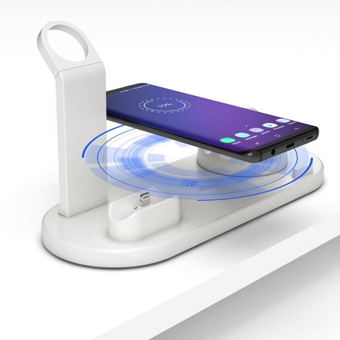OEM - B-07A 6-i-1 Trådlös Laddare 10W med Ställ och Kabel - Vit