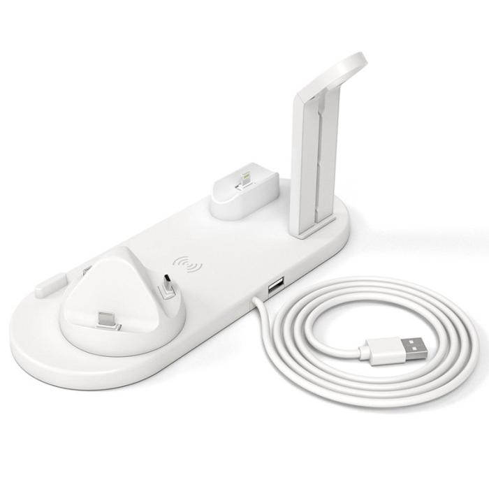 OEM - B-07A 6-i-1 Trådlös Laddare 10W med Ställ och Kabel - Vit