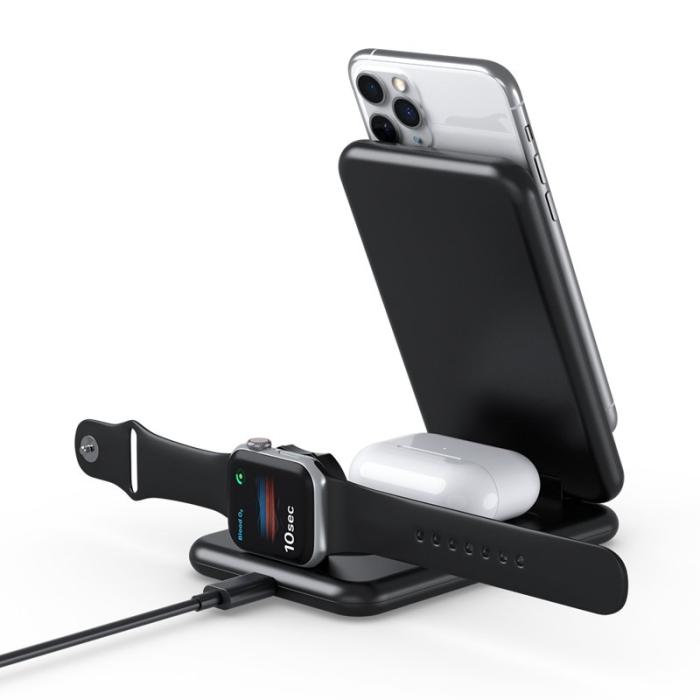 OEM - Fällbar 3-i-1 Trådlös Laddare 15W Qi-Certifierad - Svart