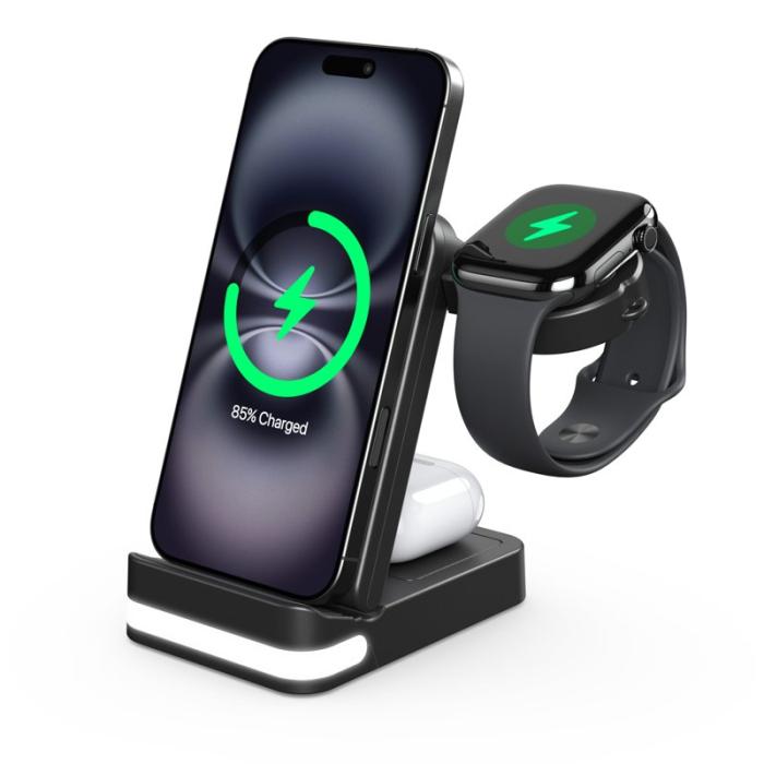 OEM - B-27 3-i-1 Fällbar 15W Trådlös Laddare med Nattlampa - Svart