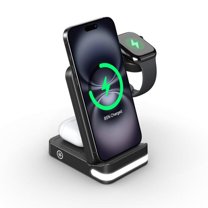 OEM - B-27 3-i-1 Fällbar 15W Trådlös Laddare med Nattlampa - Svart