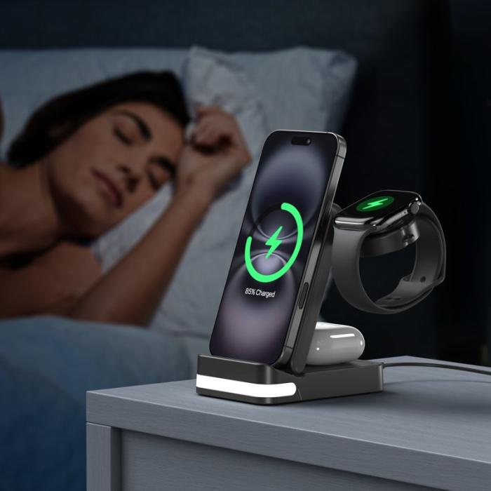 OEM - B-27 3-i-1 Fällbar 15W Trådlös Laddare med Nattlampa - Svart